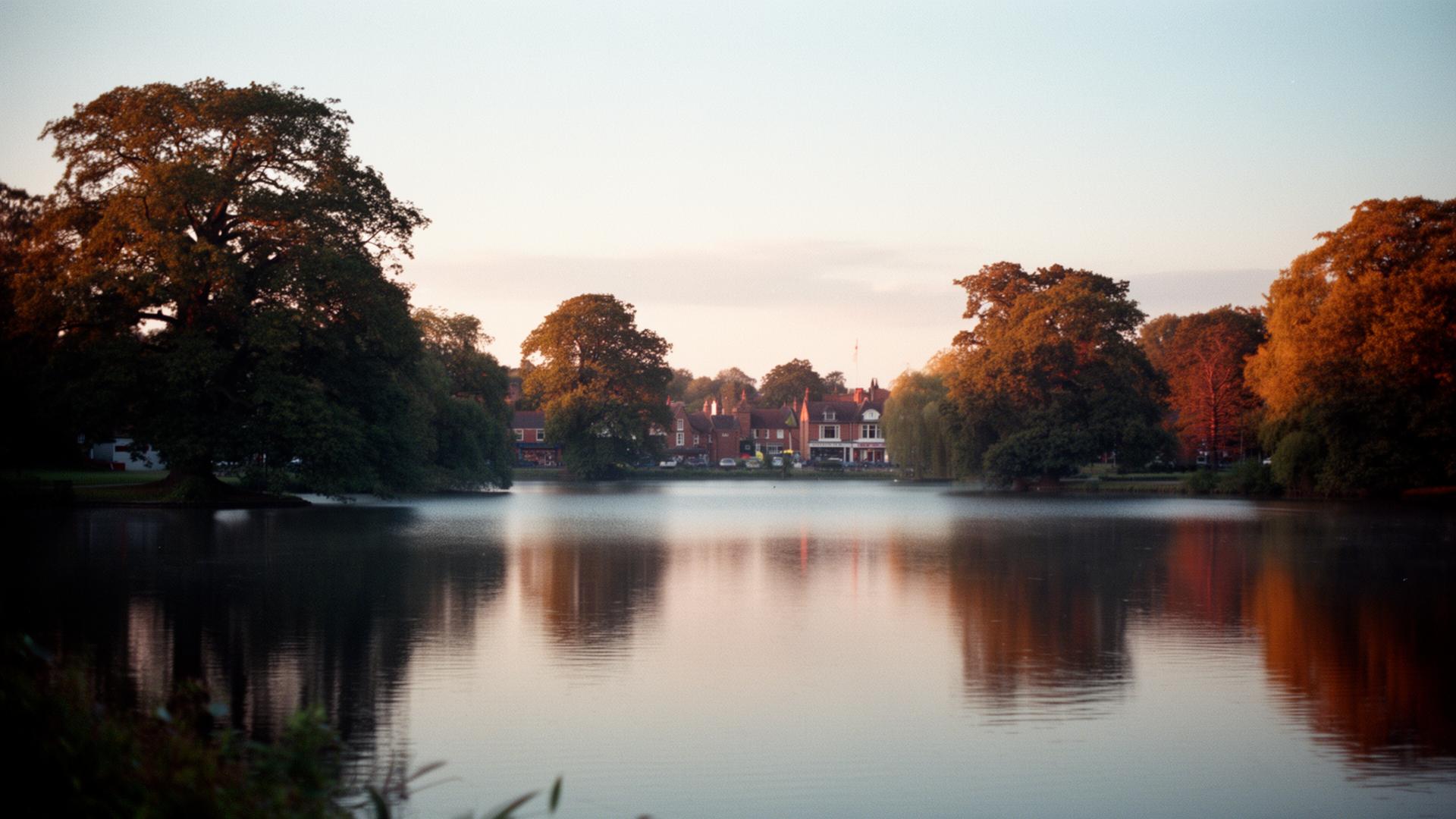 The Mere at Alsager at golden hour, with mature trees reflecting on the lake.